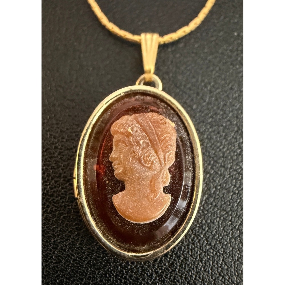 Vintage Cameo Locket Necklace Gold Tone Dark Academia